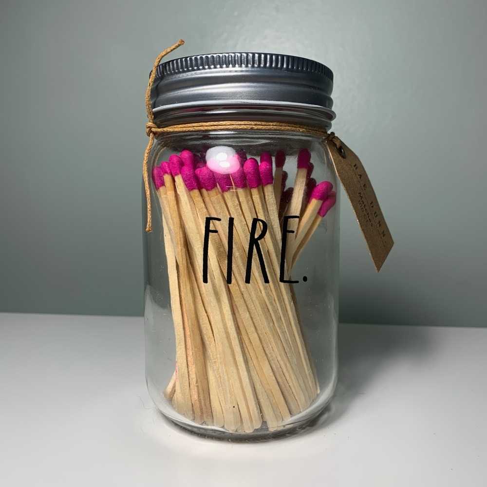 Rae Dunn “FIRE” jar with matches